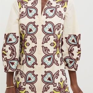 Tuckernuck Cream Tunic with Brown, Teal & Yellow Embroidery